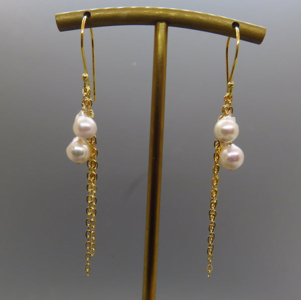 White Akoya Pearl Earrings On Gold Chain