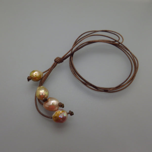 Golden Peach Baroque Pearls and Leather