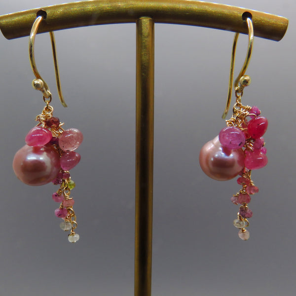 Pink Edison Pearls and Sapphire Earrings