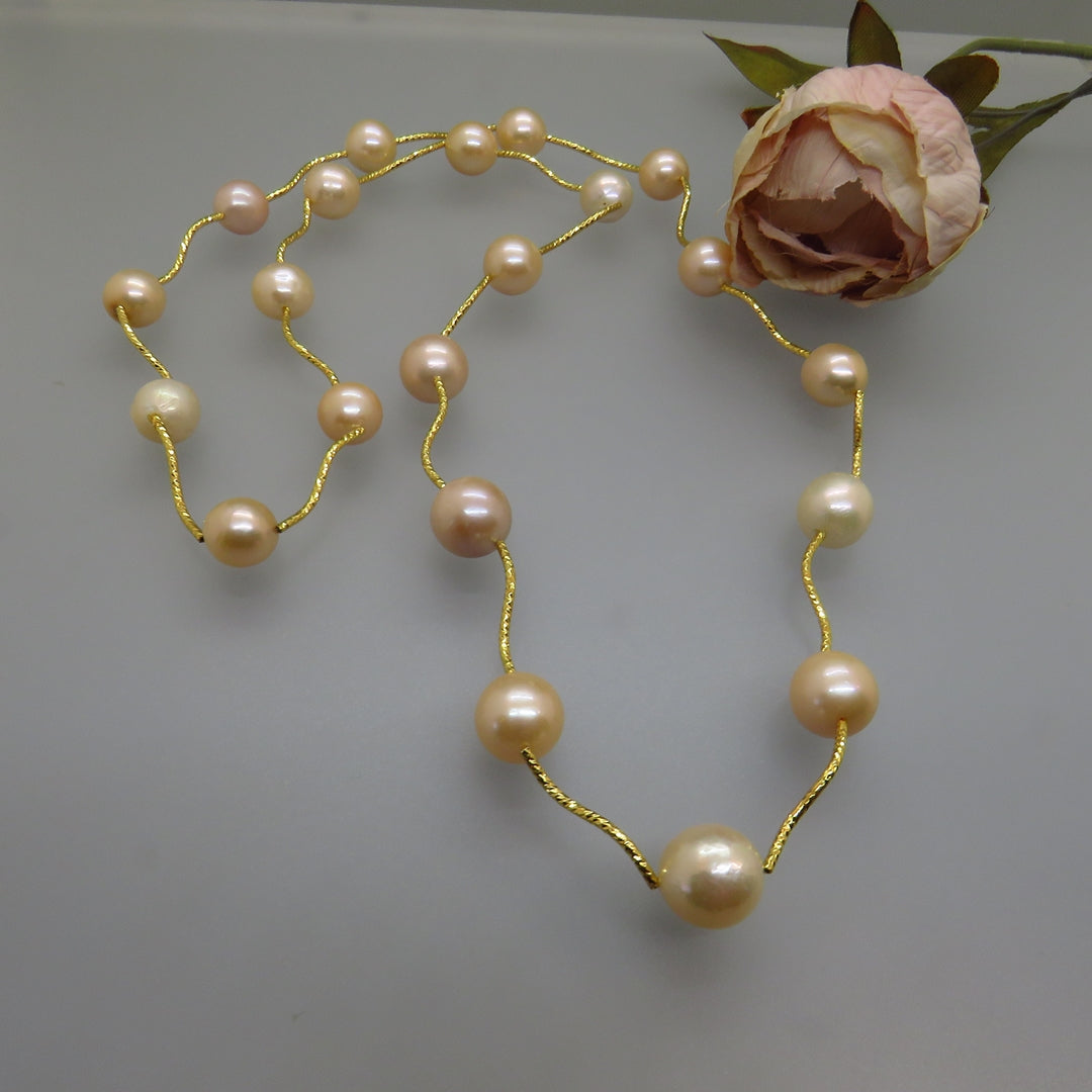 Peach Edison Pearls with Gold Plate Tube Spacers Necklace