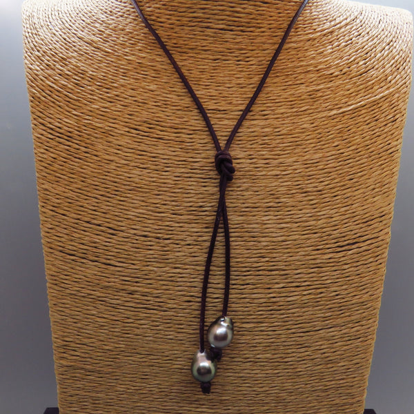 Tahiti Black Pearl and Leather Lariat Necklace