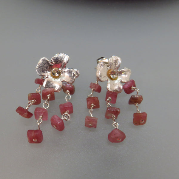 Pink Tourmaline Flower Silver Post Earrings