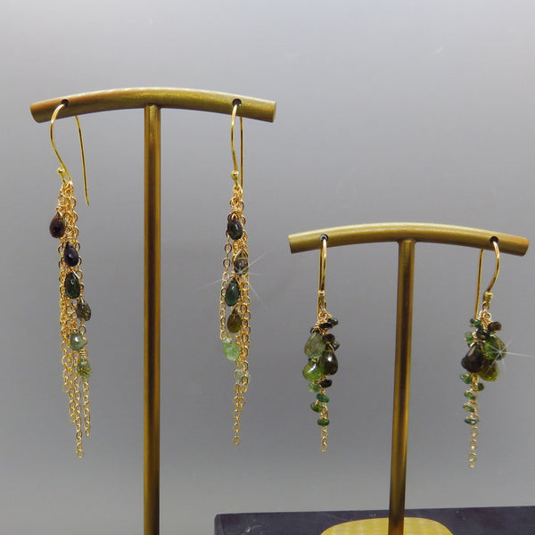 Green Tourmaline Gold Fringe Earrings