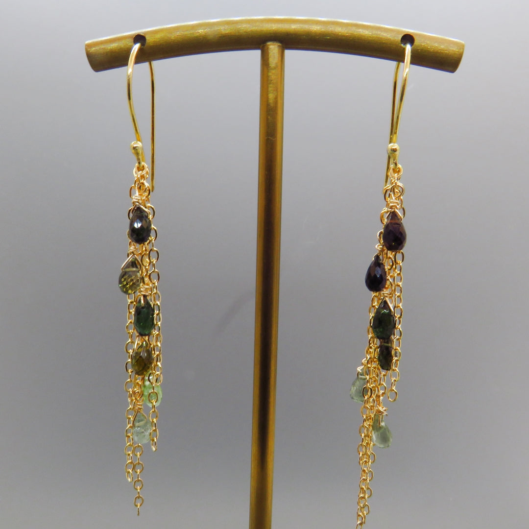 Green Tourmaline Gold Fringe Earrings