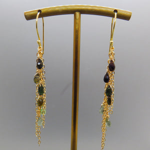 Green Tourmaline Gold Fringe Earrings