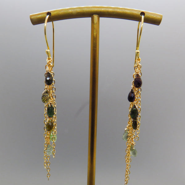 Green Tourmaline Gold Fringe Earrings