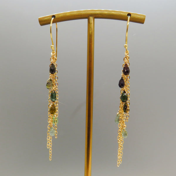 Green Tourmaline Gold Fringe Earrings