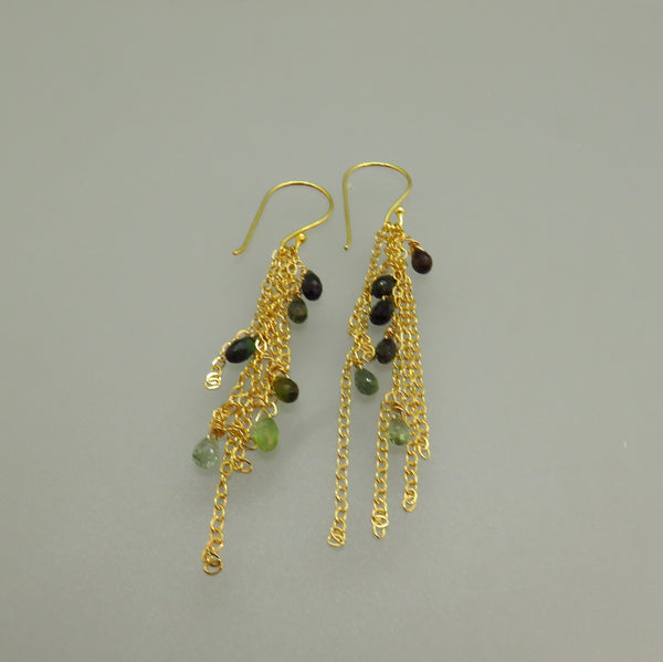 Green Tourmaline Gold Fringe Earrings