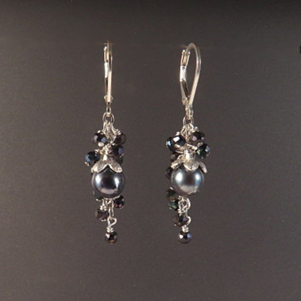 Peacock Akoya Pearls and Spinel Earrings Sterling Flower Caps