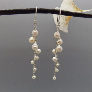 white akoya pearls drop down on delicate silver chain, silver french ear wires