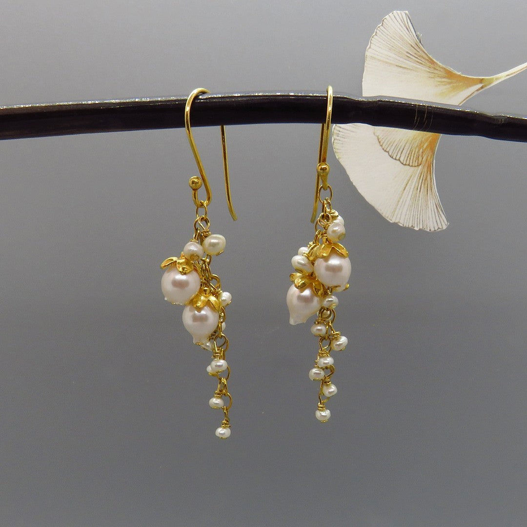 white akoya pearls, gold flower caps, cascading white seed pearls, long dangle, gold french ear wires