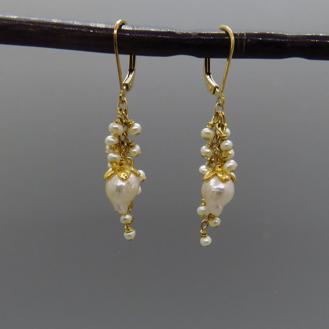 white akoya and seed pearls cluster on gold chain earrings with lever back ear wires and gold flower cap