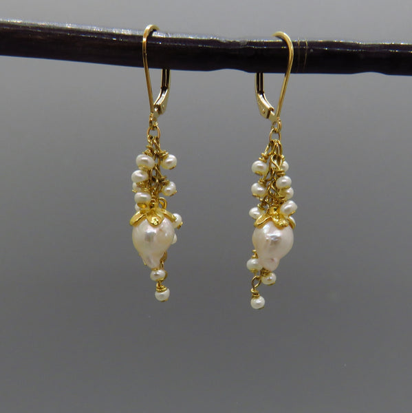 white akoya and seed pearls cluster on gold chain earrings with lever back ear wires and gold flower cap