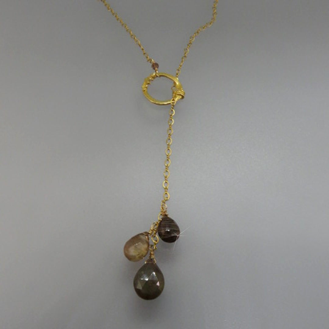 brown and green andalusite gems dangle gold chain lariat necklace