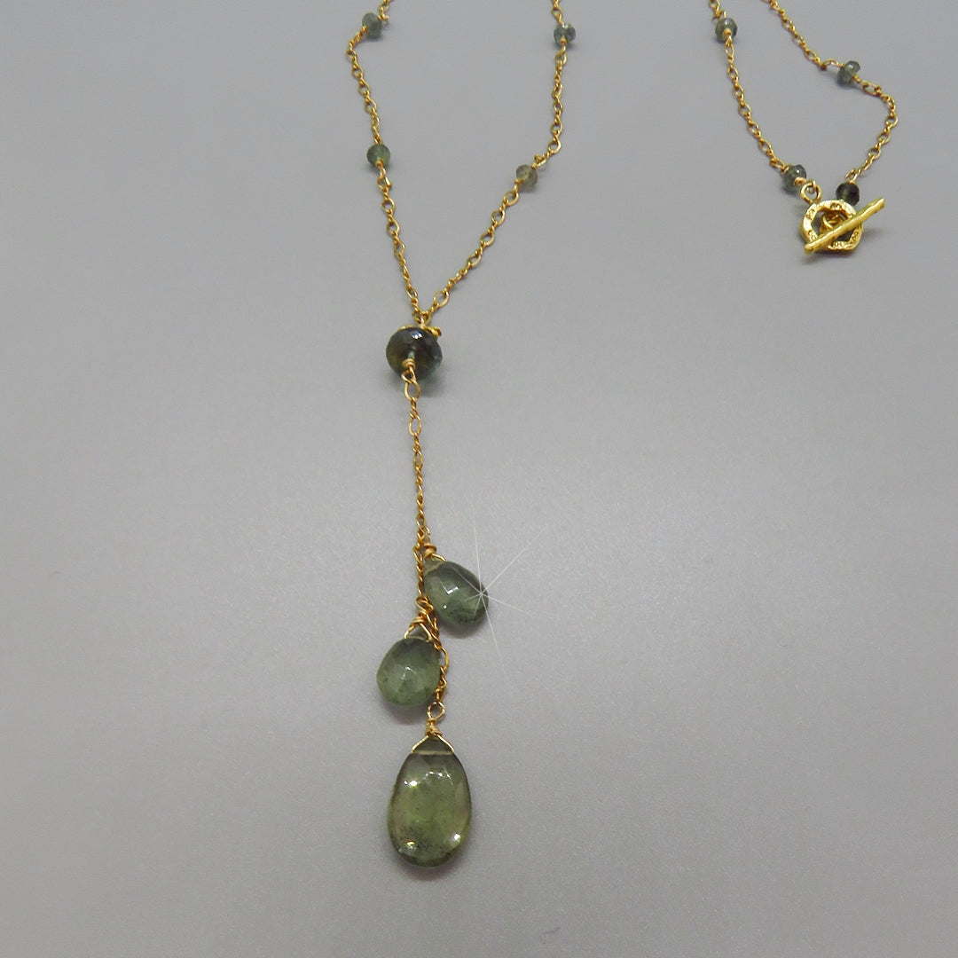 3 moss aquamarine drops on delicate gold chain Y necklace, handcrafted