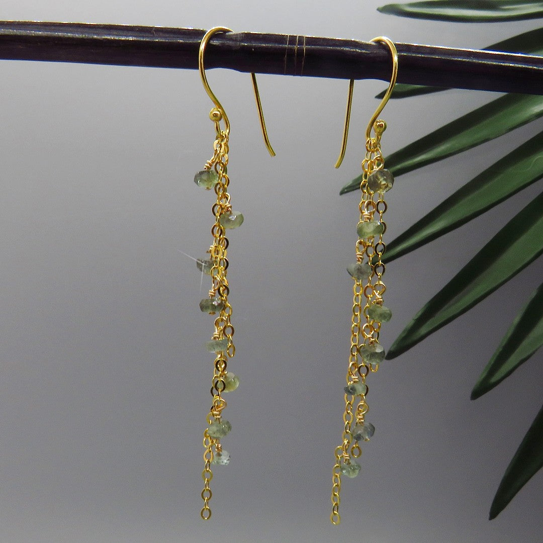 small faceted moss aquamarine dangle on 3 rows delicate gold chain, handcrafted