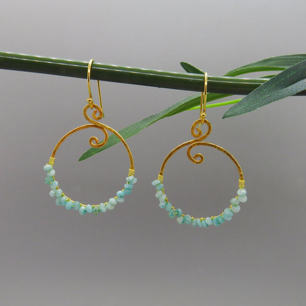 turquoise color small gemstones wrapped on gold decorative filigree earring hoops with french ear wires