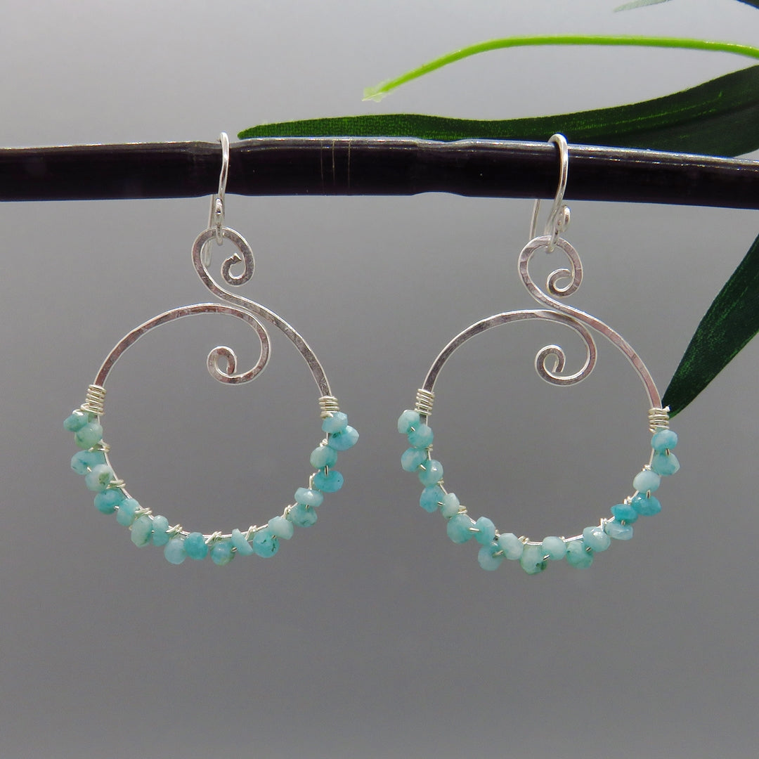 amazonite small gemstones wire wrapped on sterling decorative hoops, french ear wires