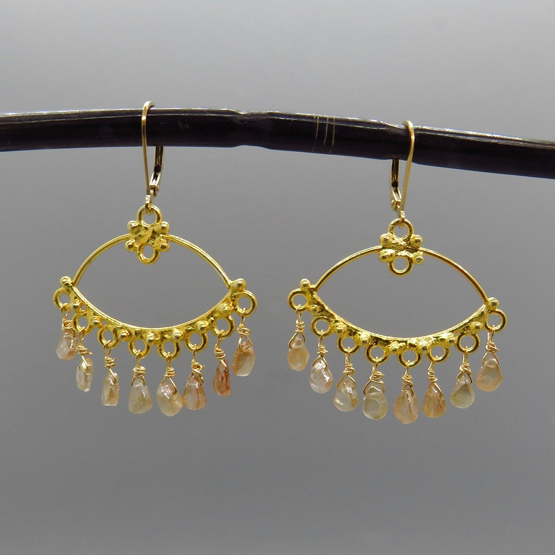 honey hued diamond quartz drops on gold chandeliers, handcrafted