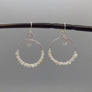 small white diamond quartz wire wrapped on decorative  hoop earrings