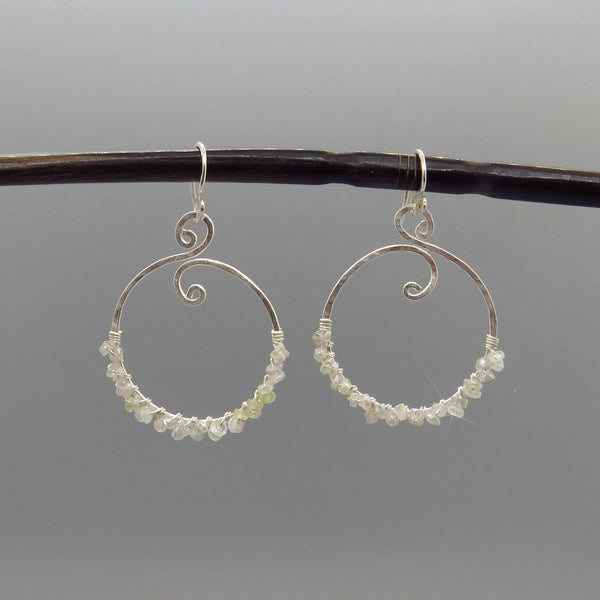 small white diamond quartz wire wrapped on decorative  hoop earrings