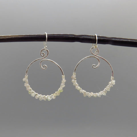 small white diamond quartz wire wrapped on decorative  hoop earrings