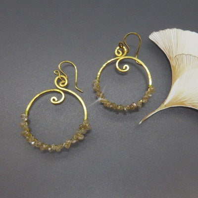 tiny diamond quartz wrapped on artisan gold hoops, handcrafted