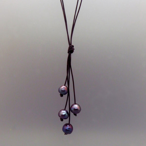 4 metallic blue black Edison pearls, brown leather cord, lariat, handcrafted