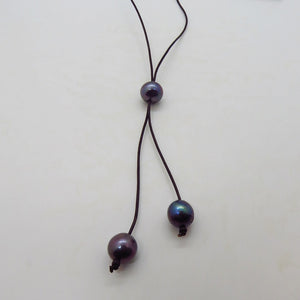 blue black pearls, brown leather cord, Y lariat necklace, handcrafted, 3 large pearls