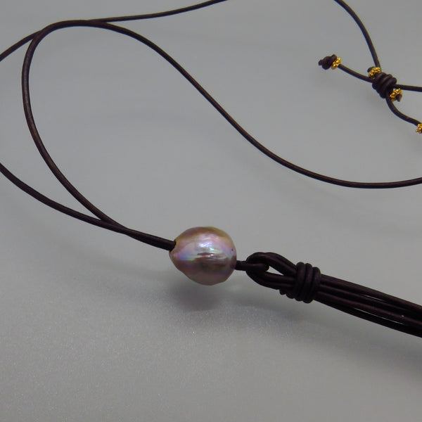 Gray Edison Freshwater Pearl and Leather Tassel Necklace