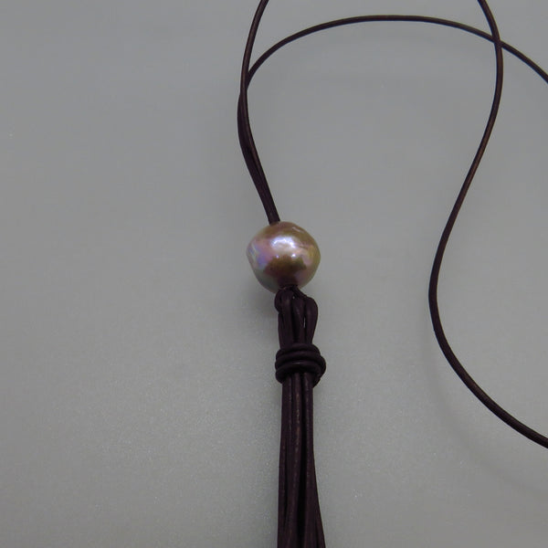 Gray Edison Freshwater Pearl and Leather Tassel Necklace