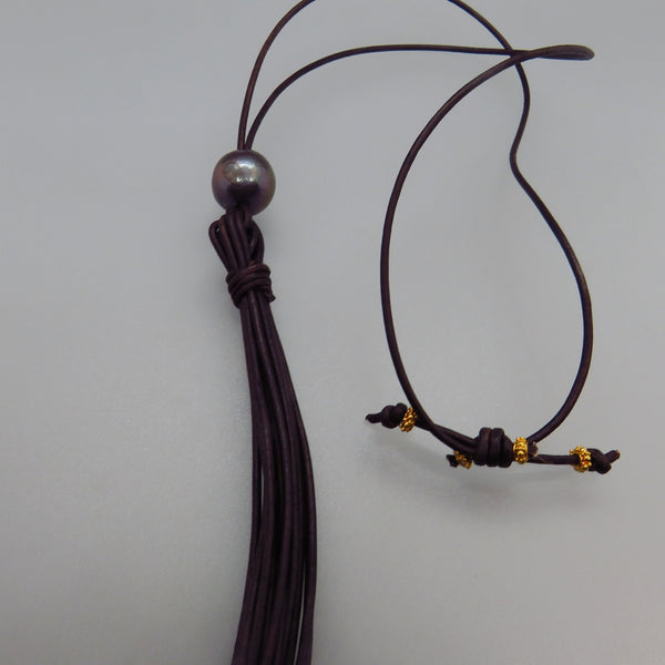 Peacock Black Edison Pearl and Leather Tassel Y Necklace