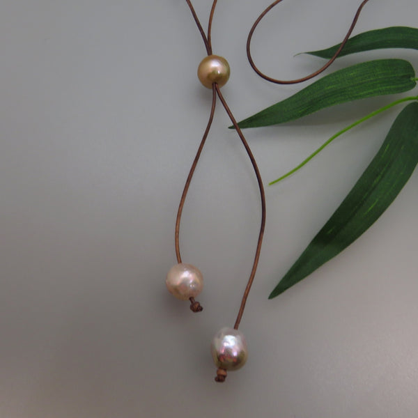 Peach Edison Pearl and Leather Lariat Necklace