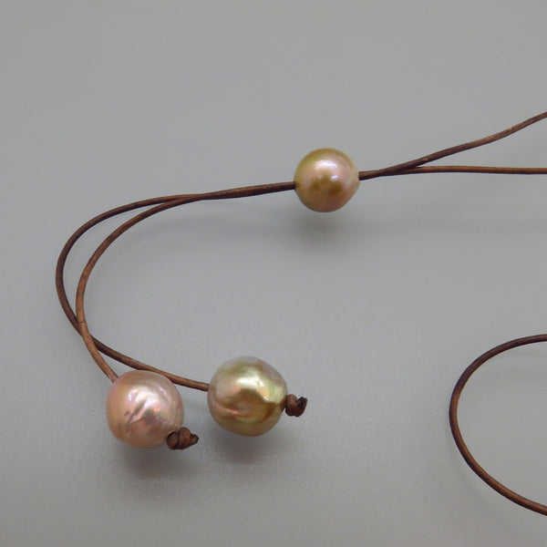 Peach Edison Pearl and Leather Lariat Necklace