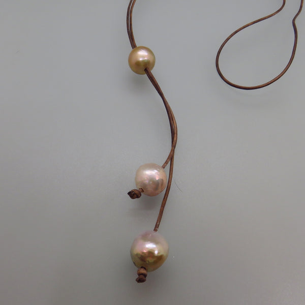 Peach Edison Pearl and Leather Lariat Necklace