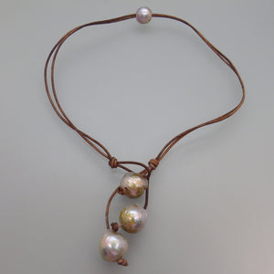 3 large glowing gray pearls dangle brown leather cord necklace can be worn three ways