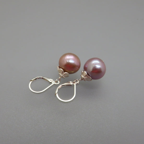 Pink Edison Pearl Earrings With Silver Flowers