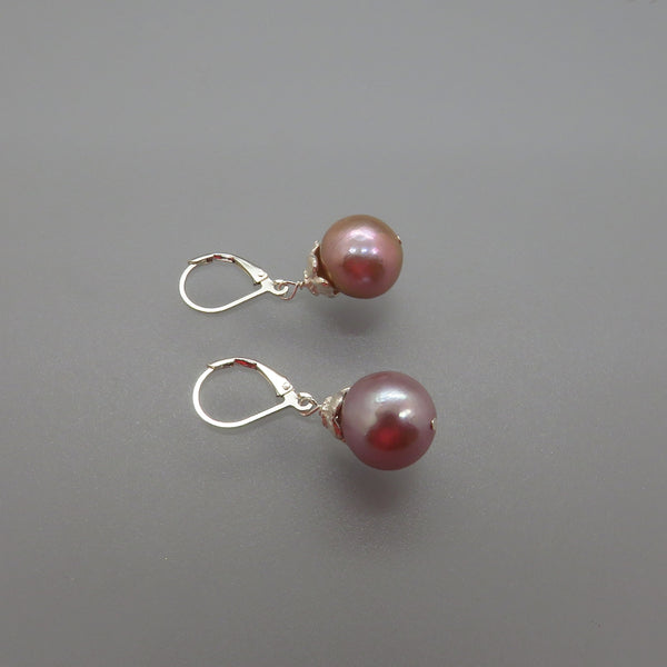 Pink Edison Pearl Earrings With Silver Flowers