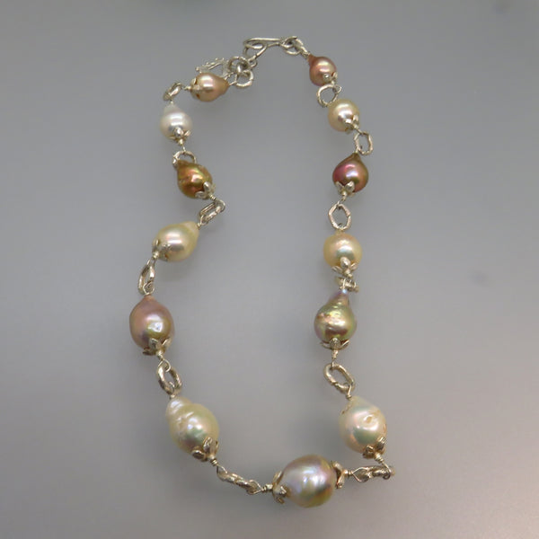 Pink And White Baroque Freshwater Pearl And Silver Necklace