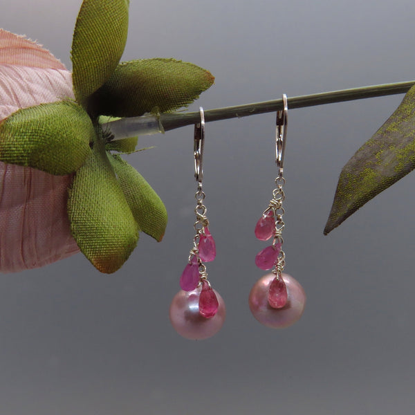 Pink Edison Pearls and Pink Sapphire Earrings