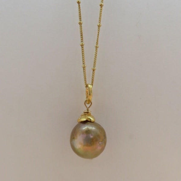 Pink Pearl Pendant With Gold Filled Sterling Chain