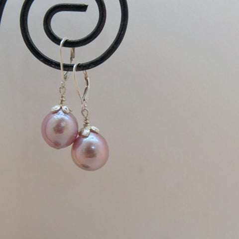 pale blush pink freshwater pearl earrings, artisan silver flower cap, lever back ear wires, handcrafted