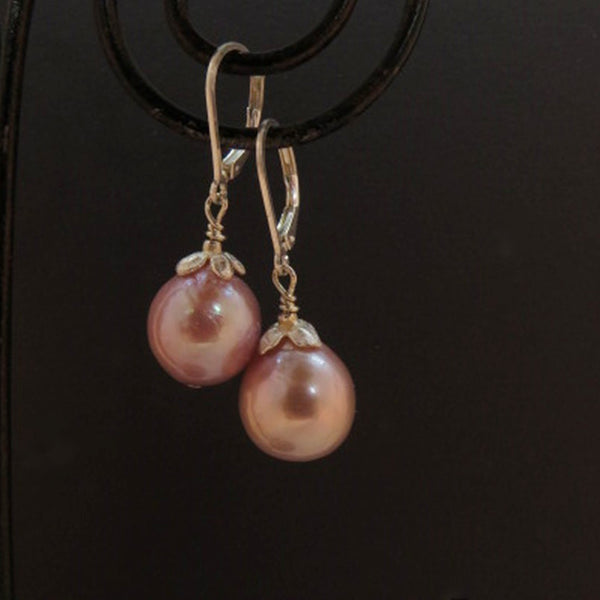 Pink Pearl Earrings With Sterling Flower Caps