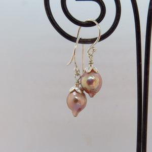 pale pink metallic baroque pearls, sterling flower cap and french ear wires, handcrafted