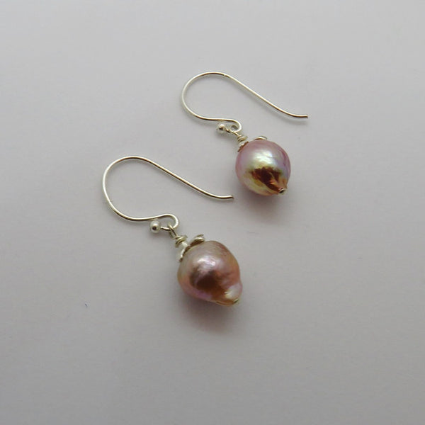 Pink Pearl Drop Earrings With Sterling Flowers Caps