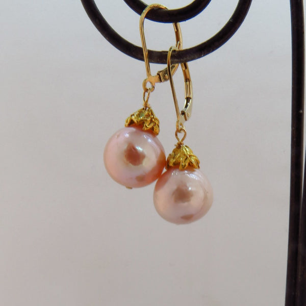 Pink Freshwater Pearl Earrings With Vermeil Flower Caps