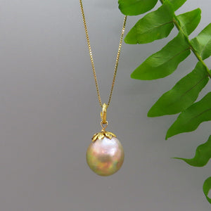 pale pink baroque freshwater pearl pendant, gold filled sterling chain and flower cap