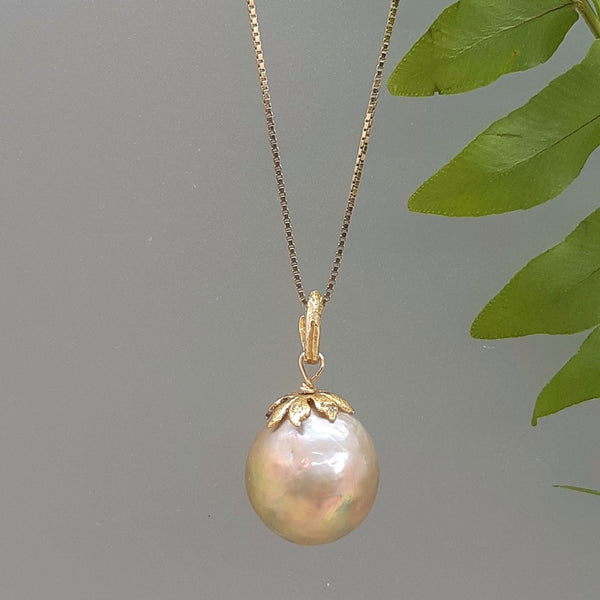 Pink Pearl Pendant With Gold Filled Silver Chain