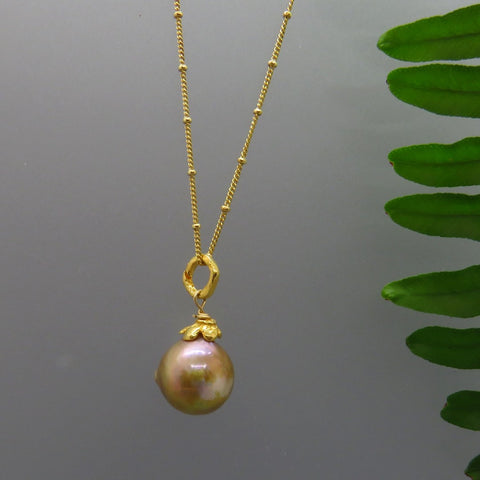 pink freshwater pearl pendant, gold over tones, gold flower cap, gold chain, handcrafted