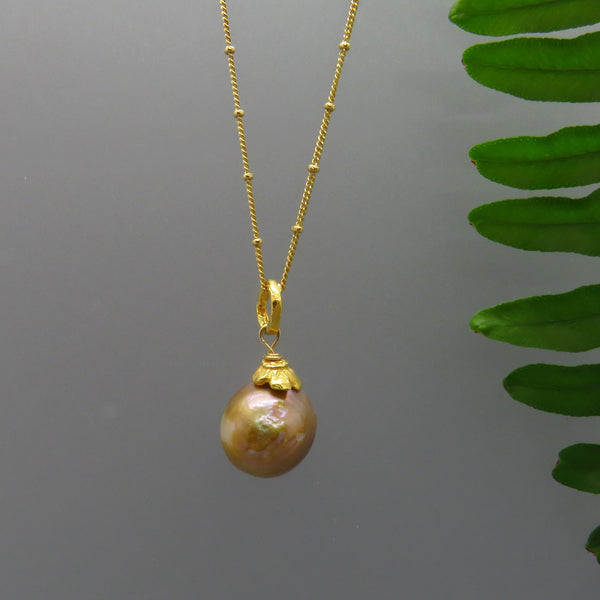 Pink Pearl Pendant With Gold Filled Sterling Chain